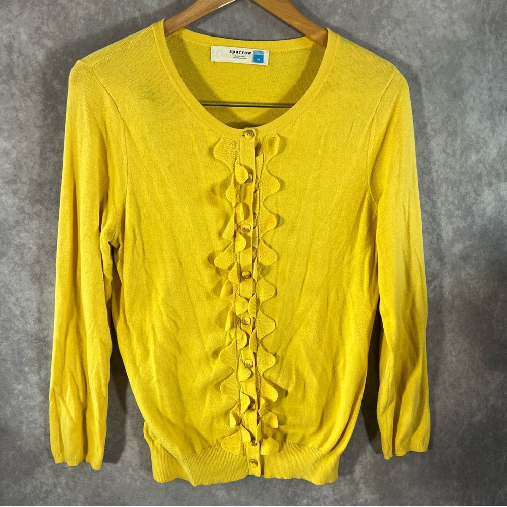 Sparrow Anthropologie Cardigan Women Medium Yellow Ruffle Front Cotton Cashmere